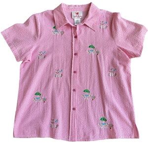 Quacker Factory Womens Short Sleeve Gingham Red & White Floral Embroidered Shirt